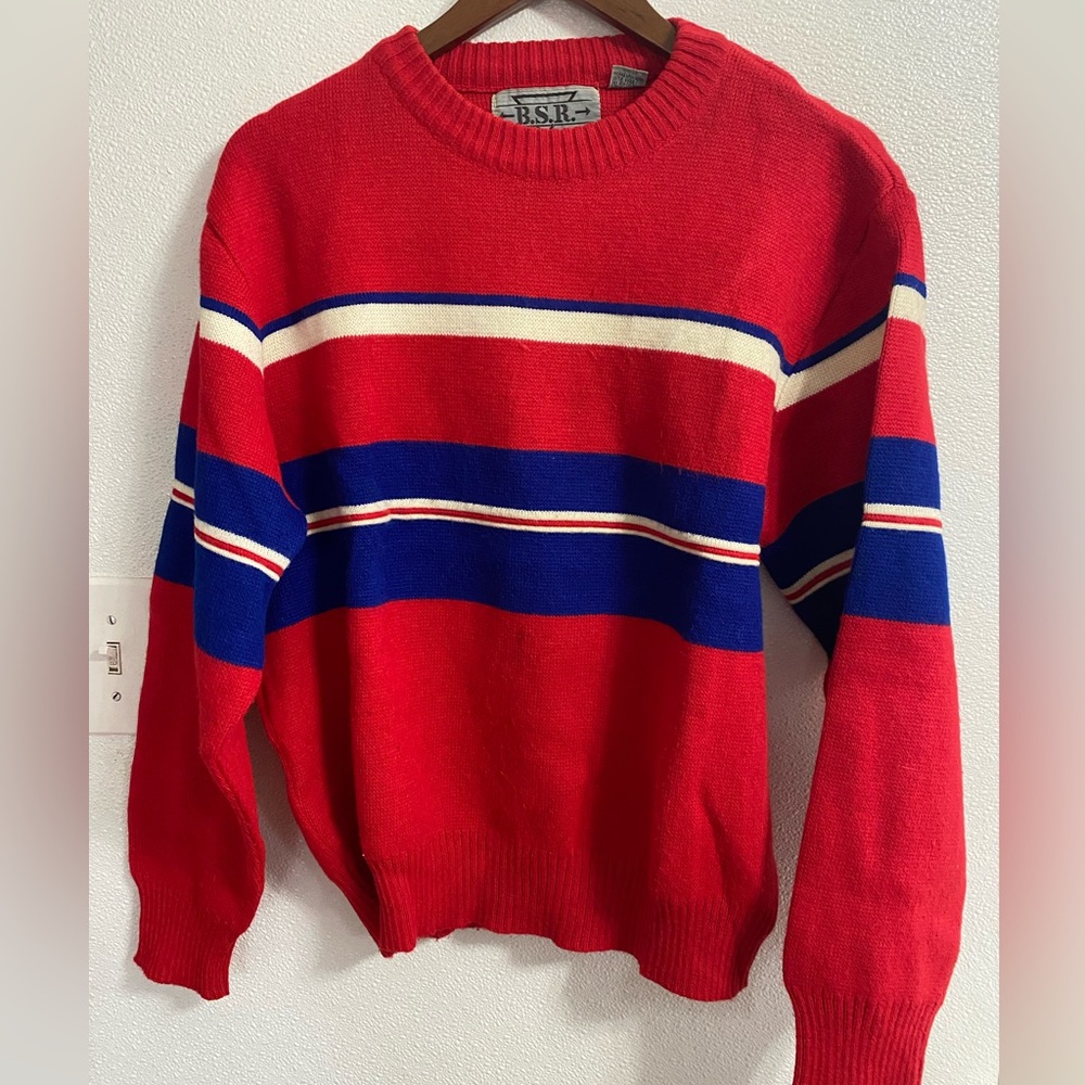 Vintage Unisex B.S.R. Red Ski Winter Knit Wool Blend Sweater Size Medium (M)